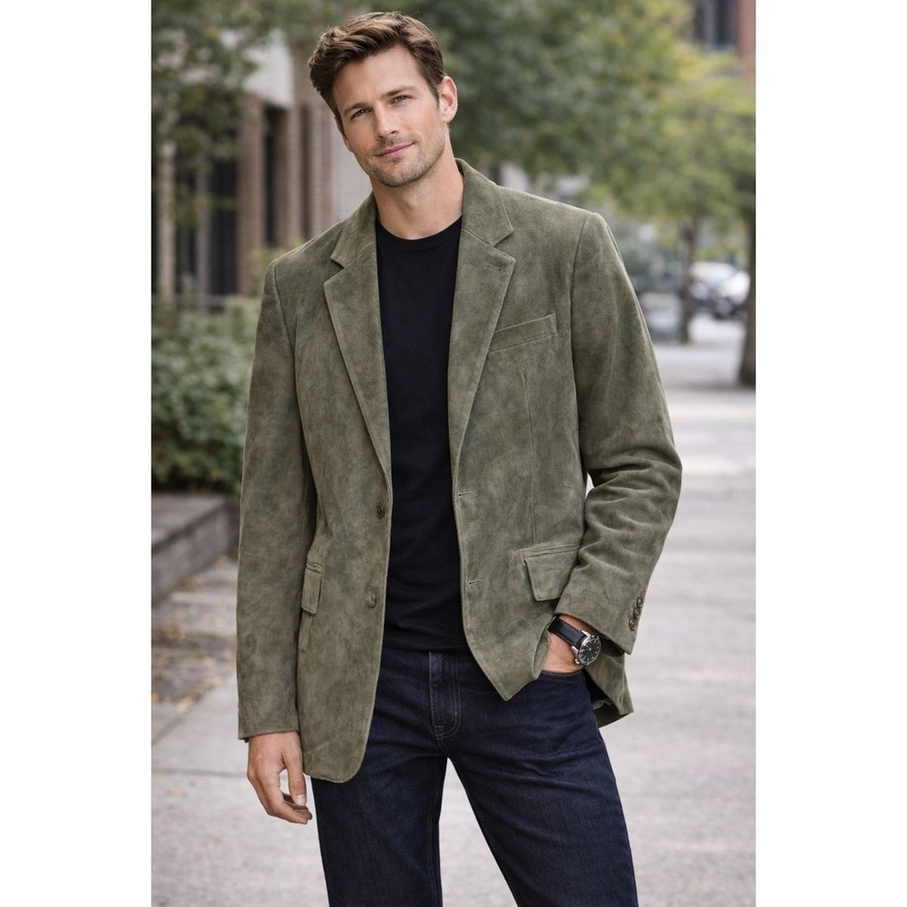 VTG Sparetime Mens Jacket 38 Gray Genuine Suede Leather‎ 2 Button Blazer Retro